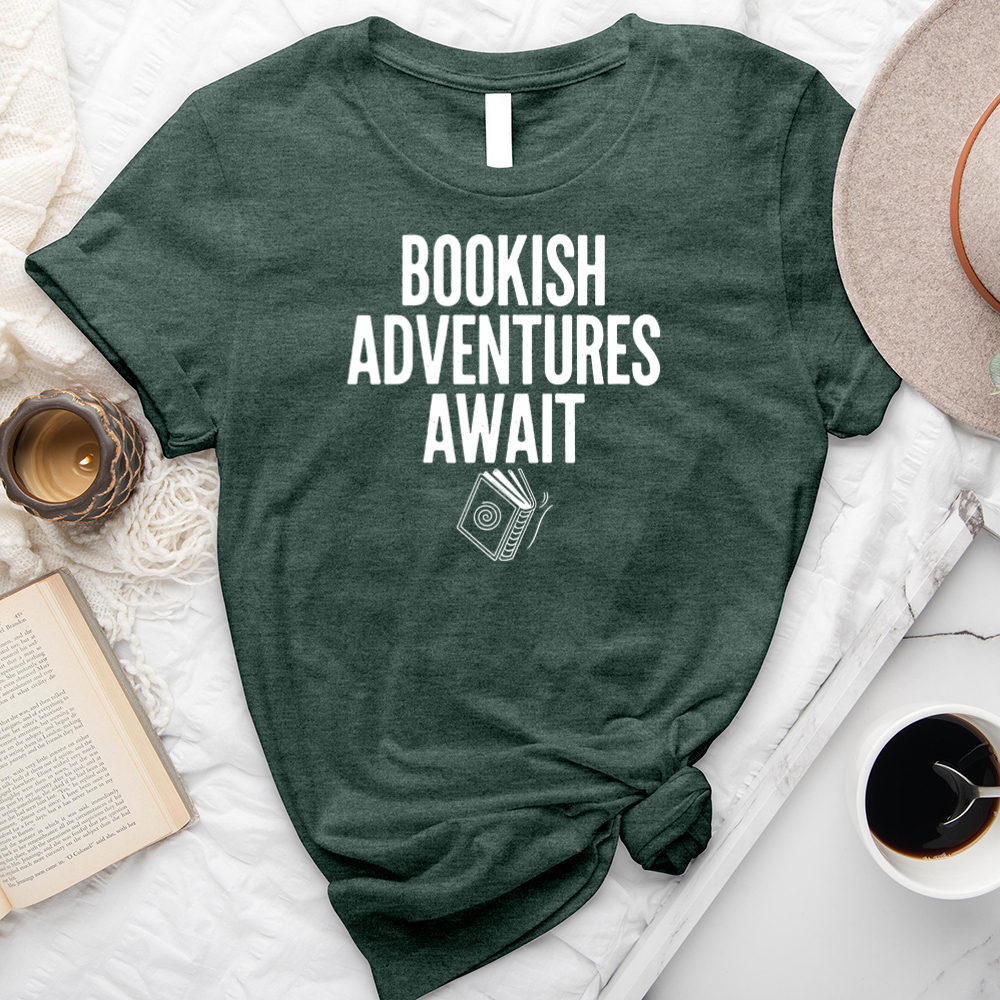 bookish adventures await unisex tee