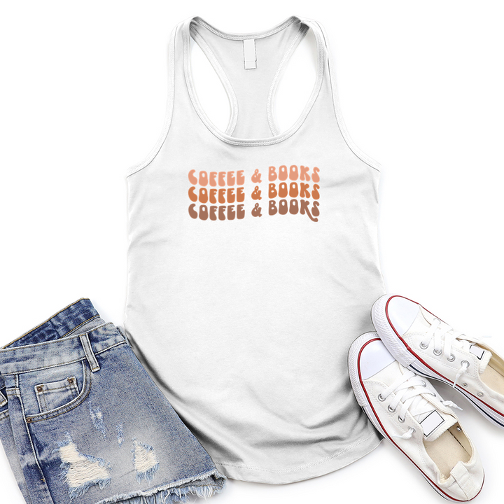 colorful coffee and books women's racerback tank top