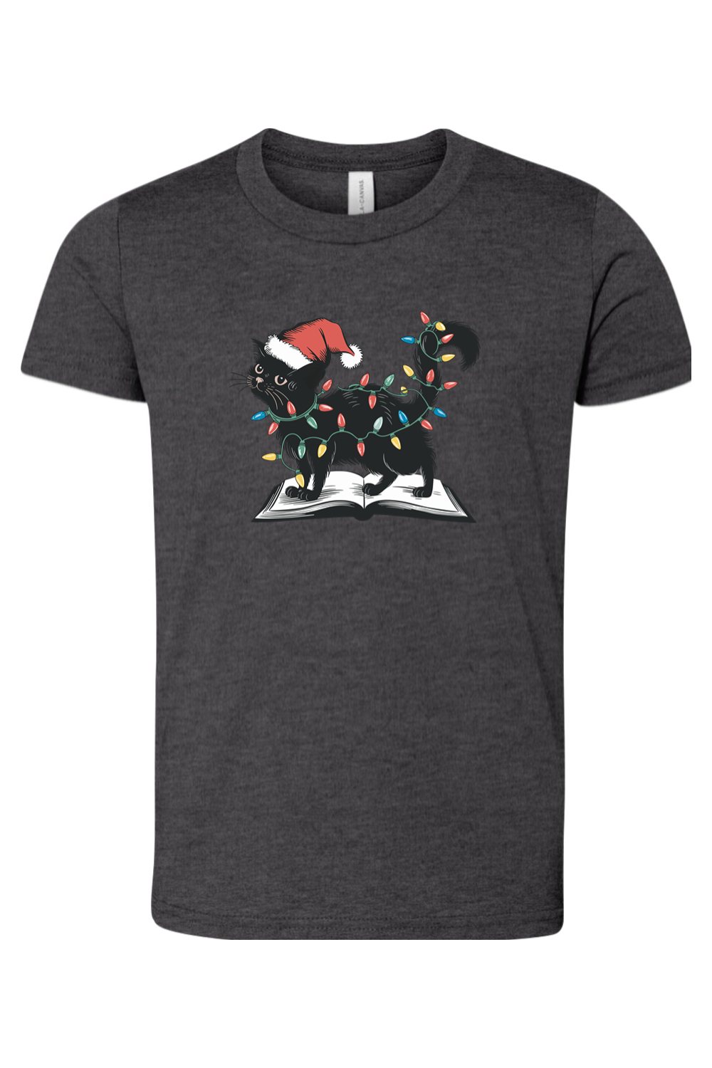 christmas cat on book youth tee