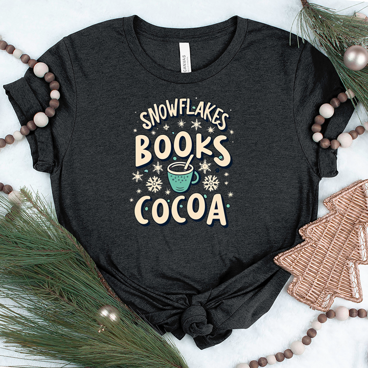 snowflakes books cocoa unisex tee