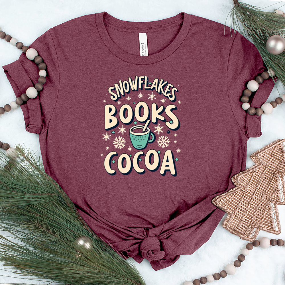 snowflakes books cocoa unisex tee