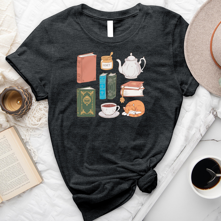 colorful book tea icons unisex tee