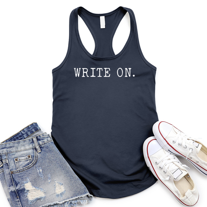 write on women's racerback tank top