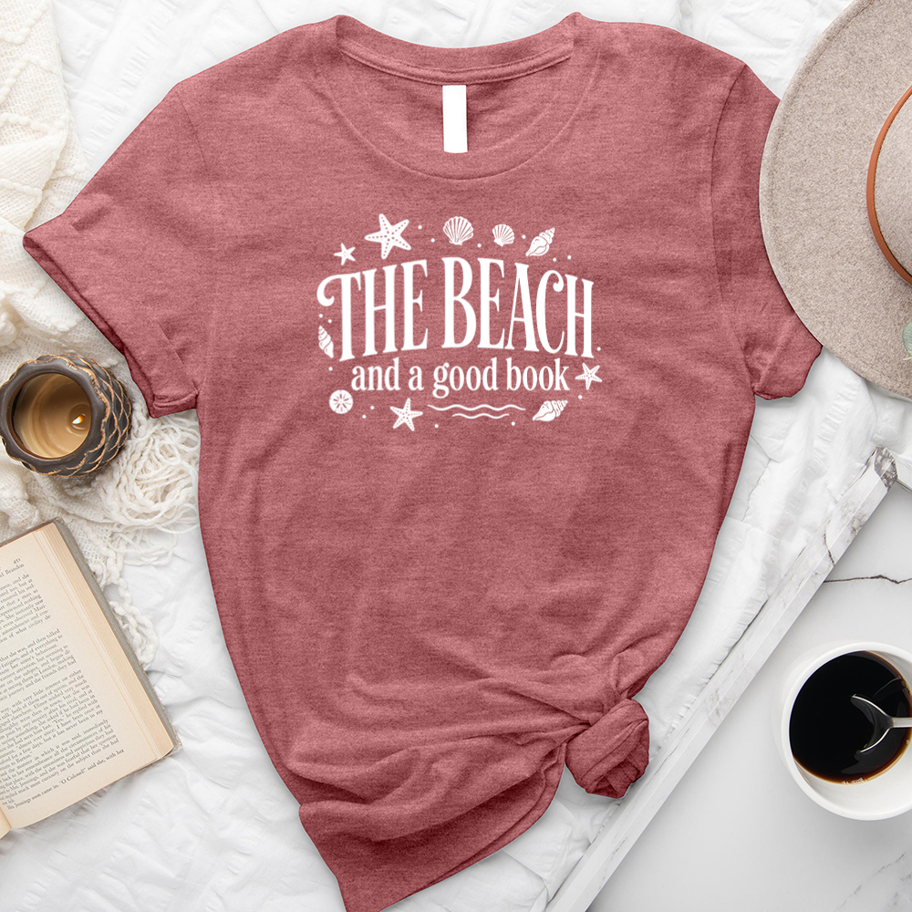 the beach and a good book white unisex tee