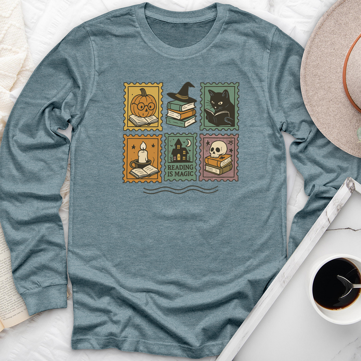 halloween reading stamps long sleeve unisex tee