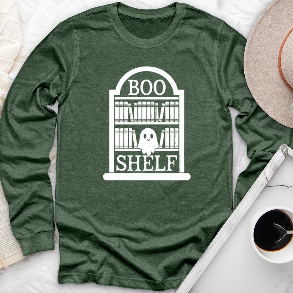 boo shelf sitting ghost long sleeve unisex tee