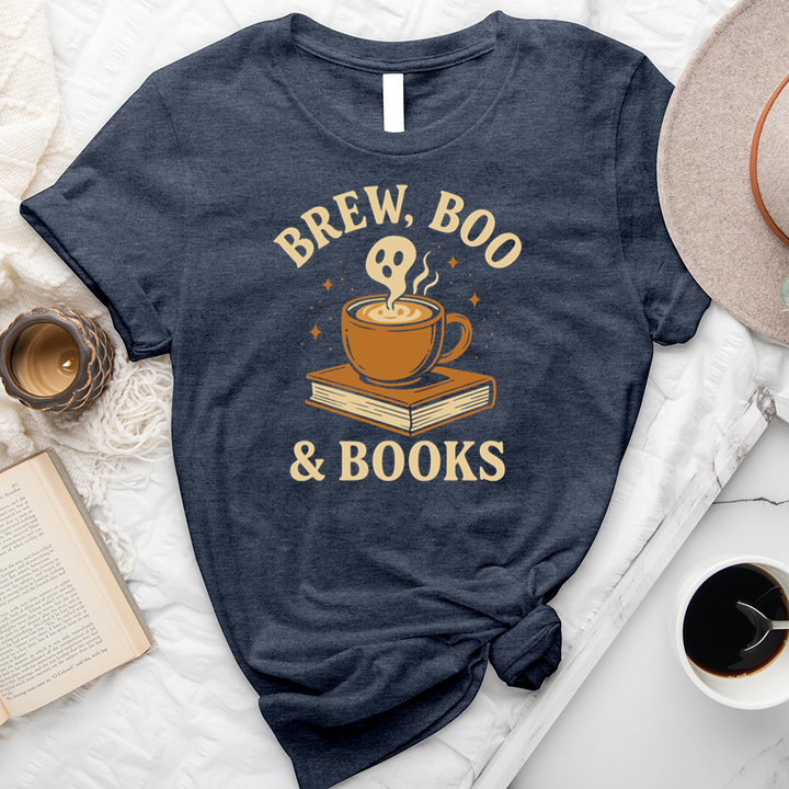 brew, boo and books unisex tee