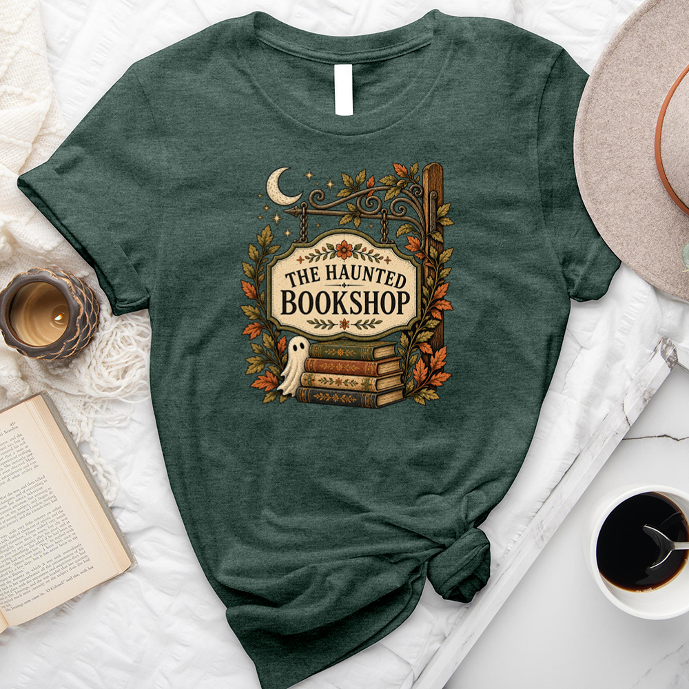 haunted bookshop sign unisex tee