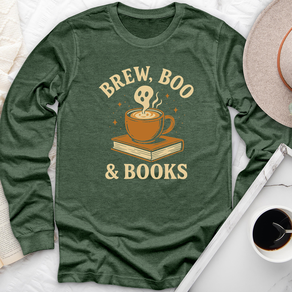 brew, boo and books long sleeve unisex tee