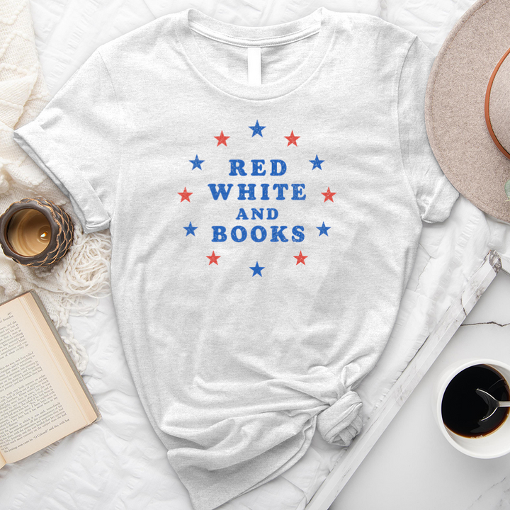 red white and books unisex tee