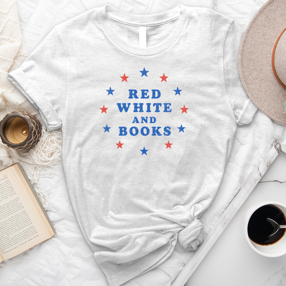 red white and books unisex tee