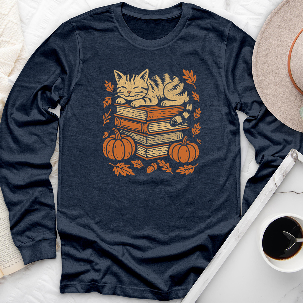 autumn cat books long sleeve unisex tee