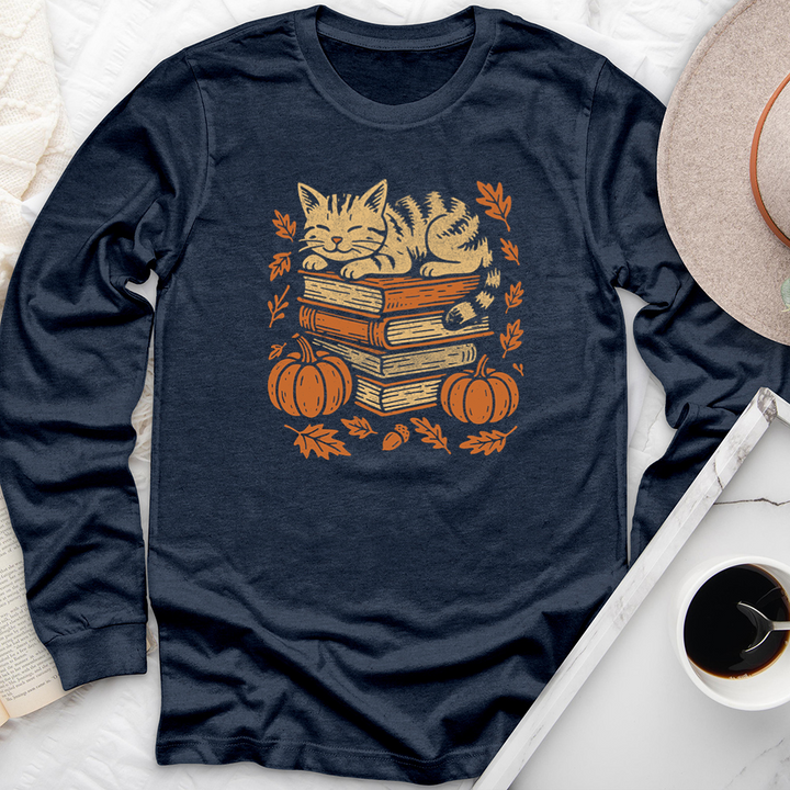 autumn cat books long sleeve unisex tee