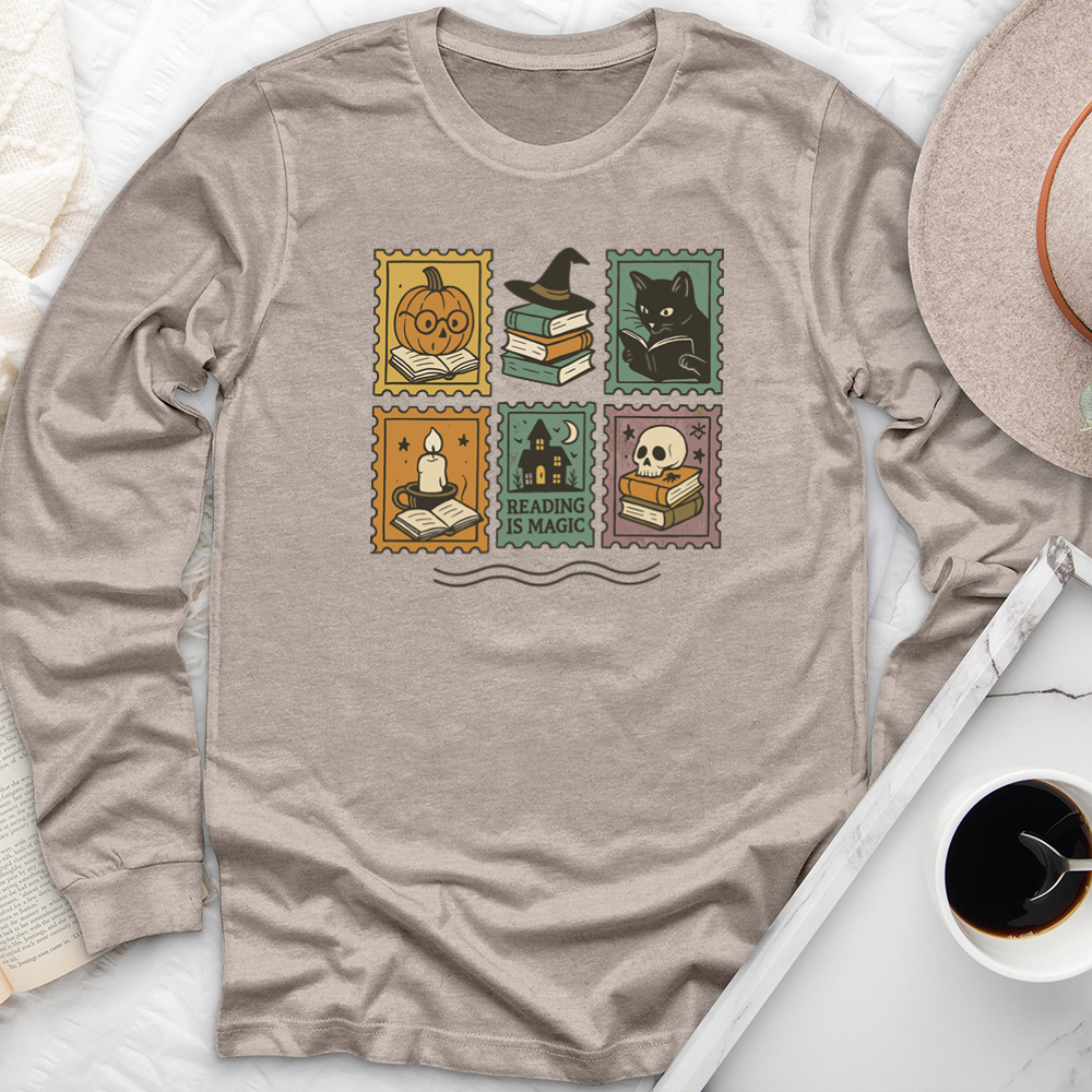 halloween reading stamps long sleeve unisex tee