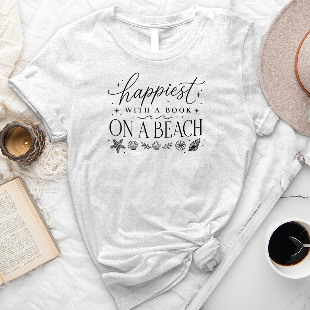 happiest with a book on a beach unisex tee