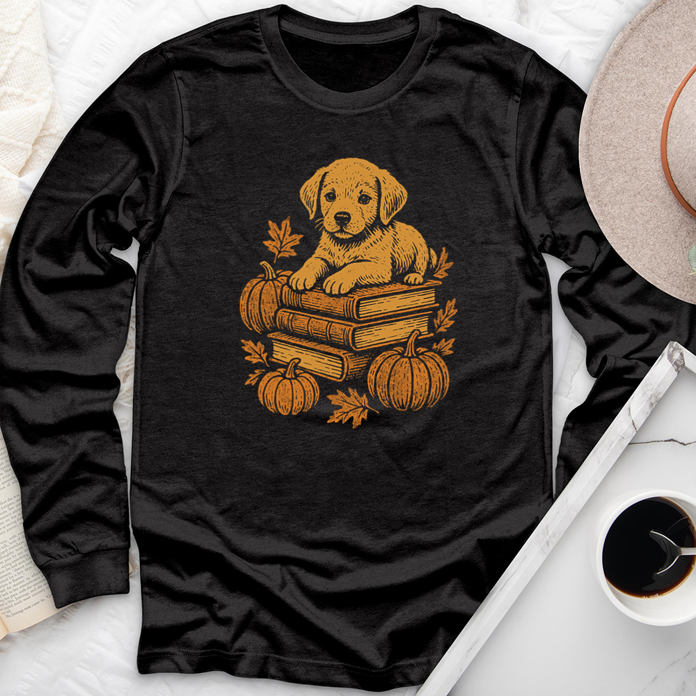autumn puppy books long sleeve unisex tee
