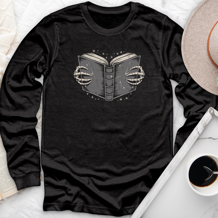 book skeleton hands long sleeve unisex tee