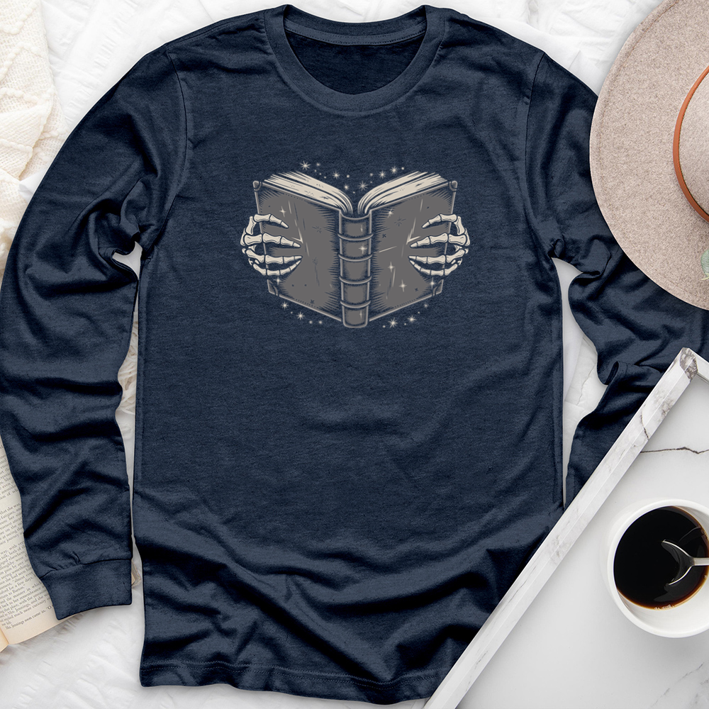 book skeleton hands long sleeve unisex tee