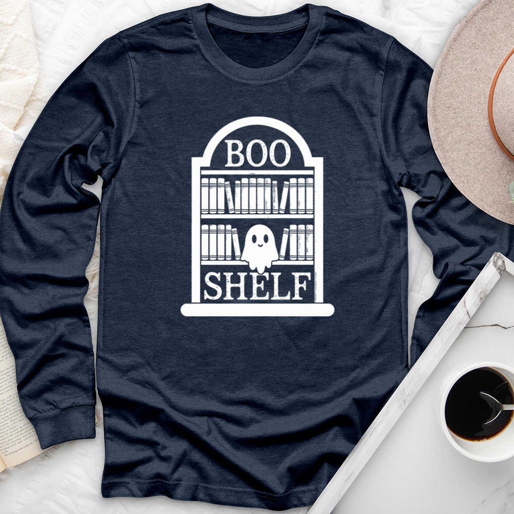 boo shelf sitting ghost long sleeve unisex tee