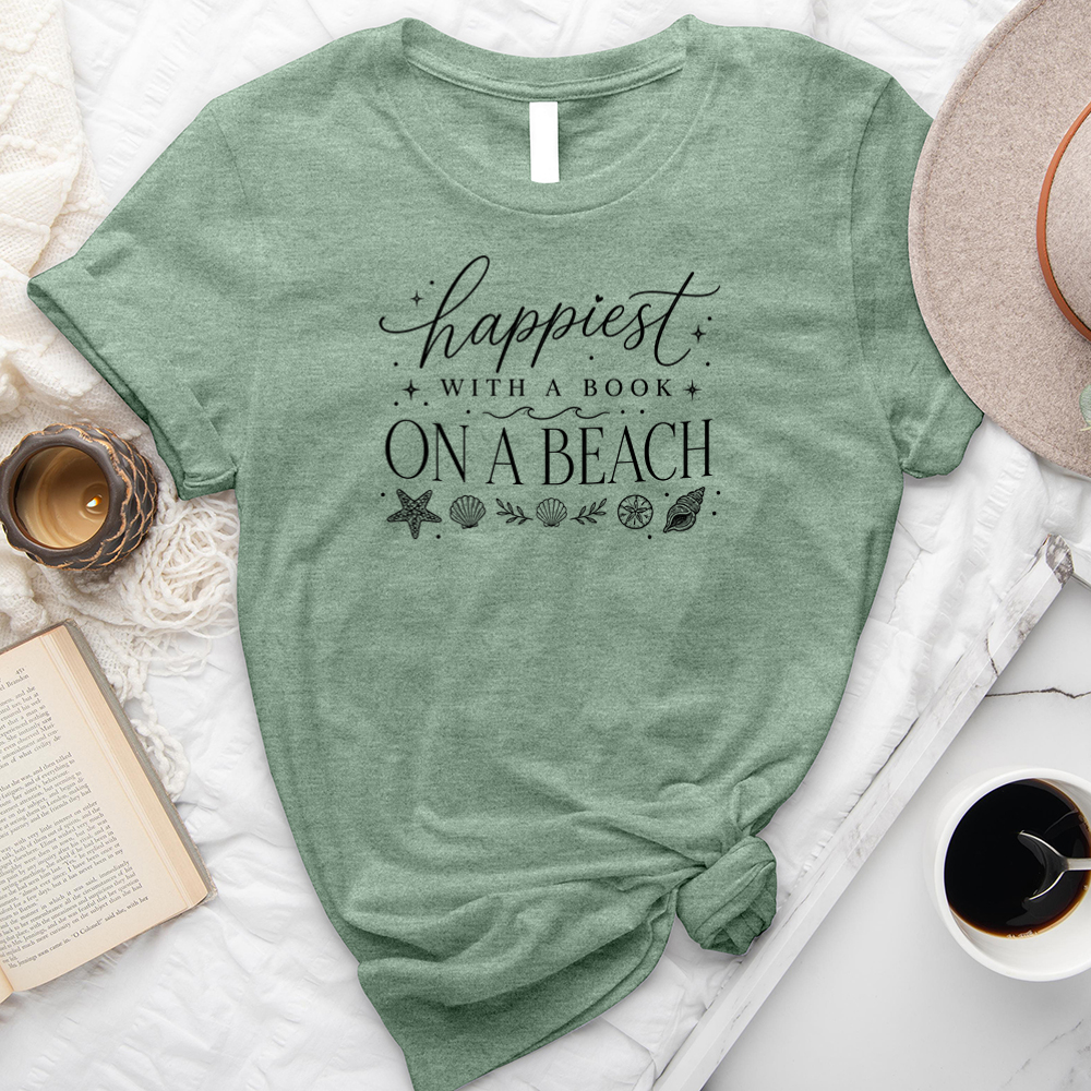 happiest with a book on a beach unisex tee