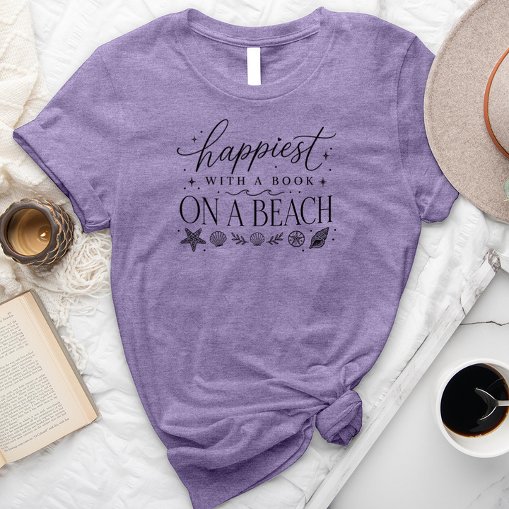 happiest with a book on a beach unisex tee