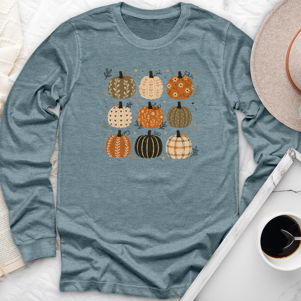 nine pattern pumpkins long sleeve unisex tee
