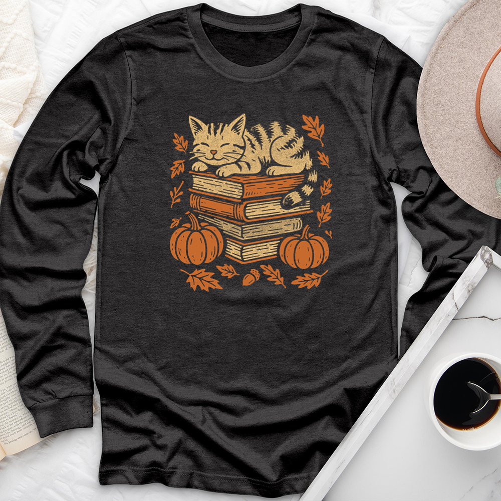 autumn cat books long sleeve unisex tee