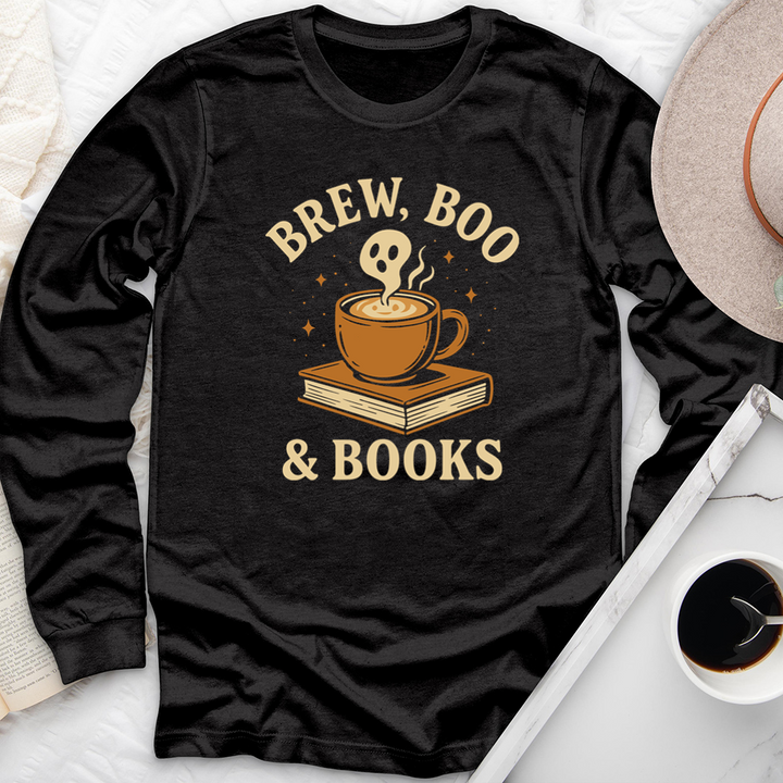 brew, boo and books long sleeve unisex tee