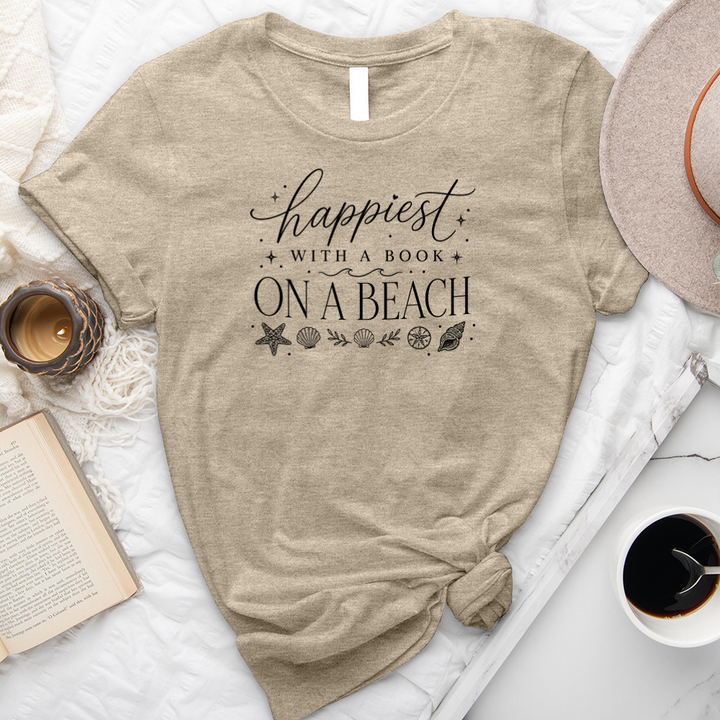happiest with a book on a beach unisex tee
