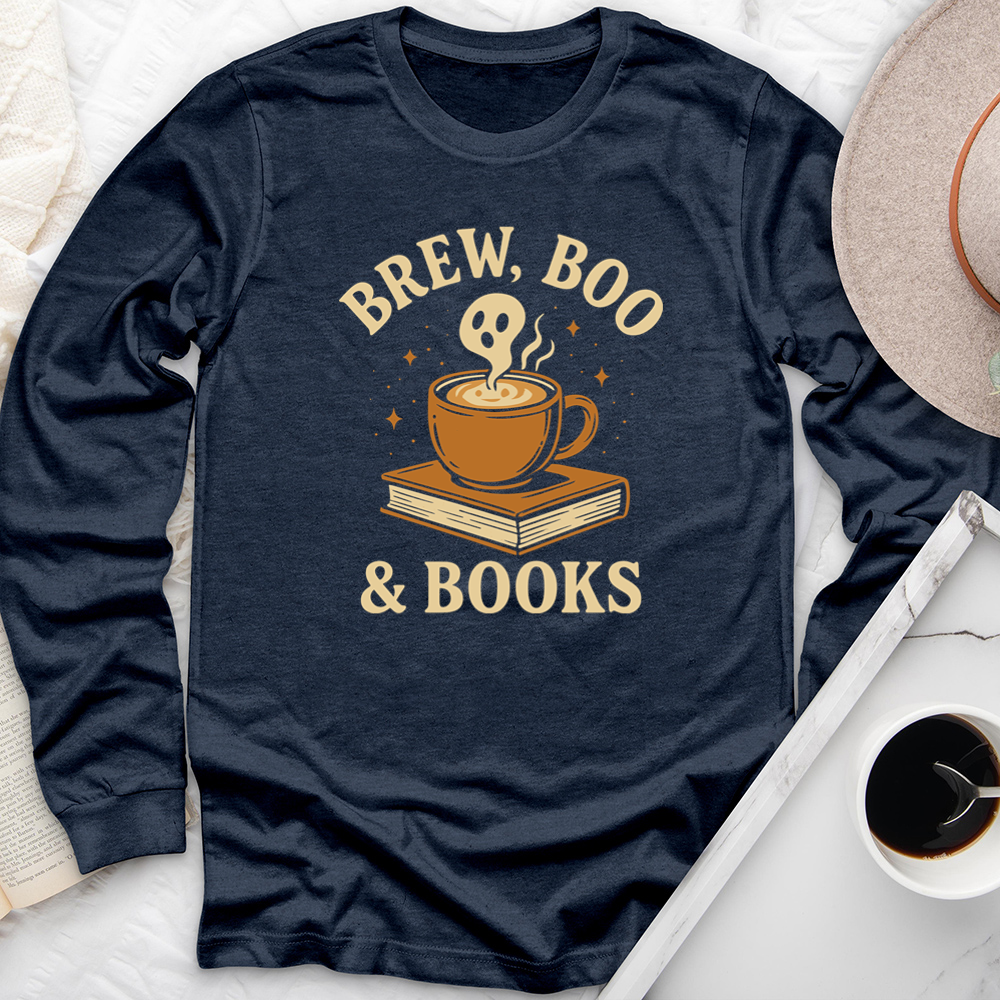 brew, boo and books long sleeve unisex tee