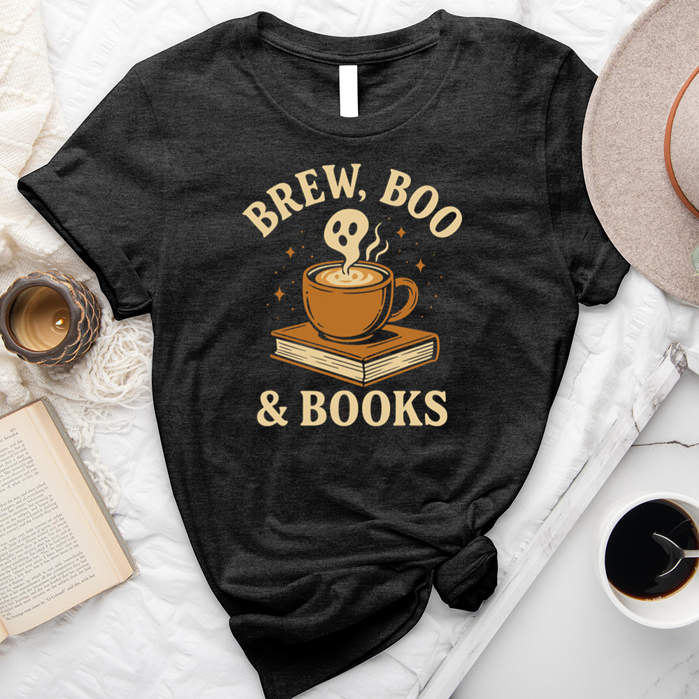 brew, boo and books unisex tee