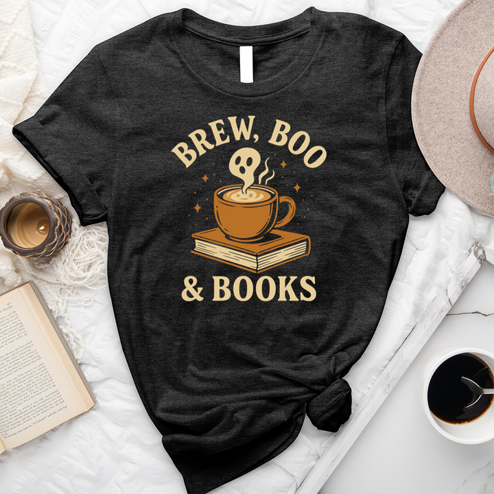 brew, boo and books unisex tee