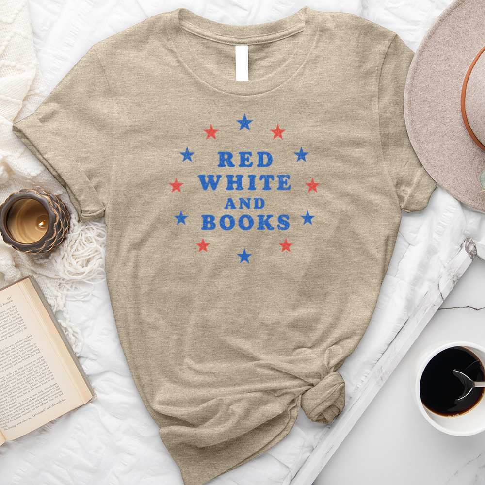 red white and books unisex tee