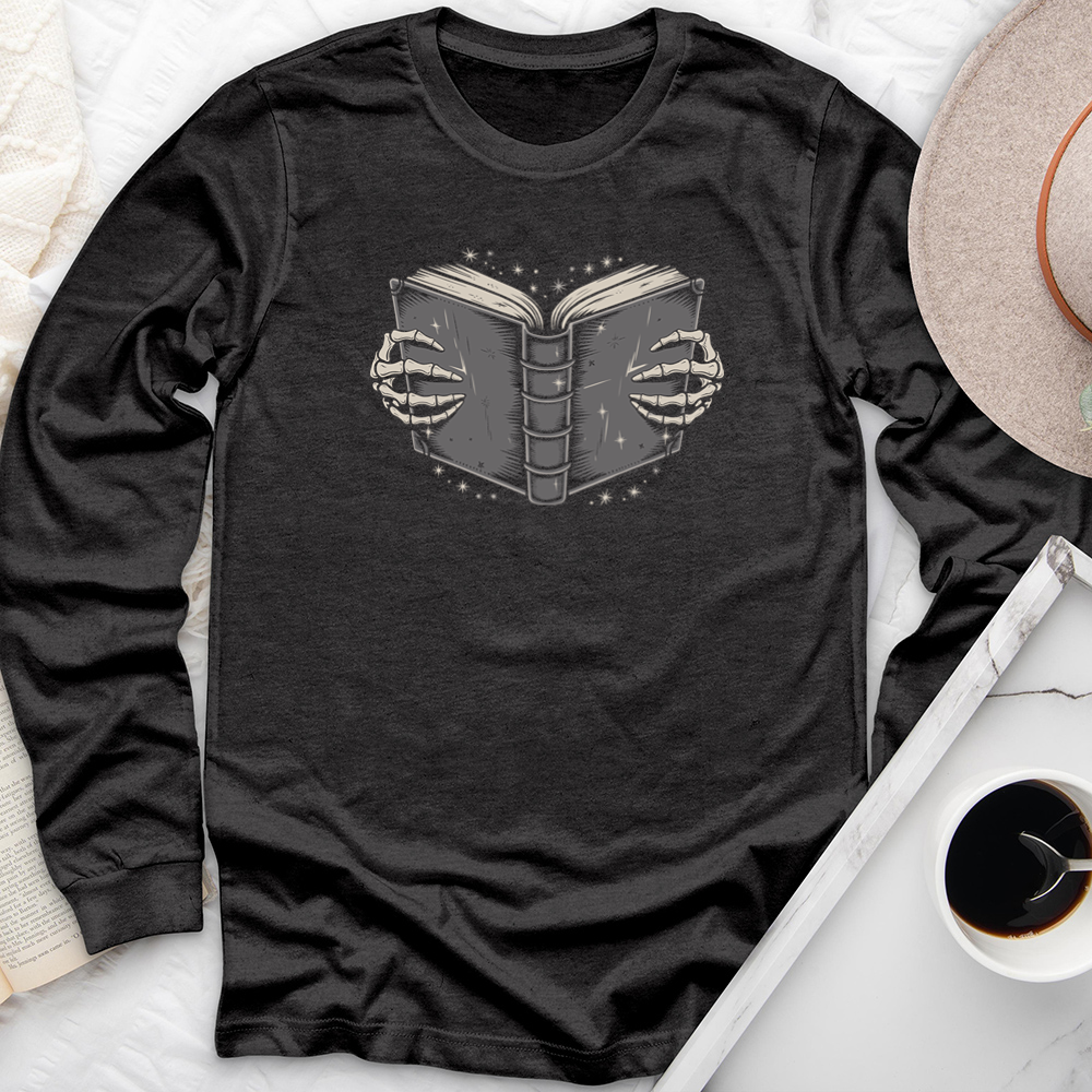 book skeleton hands long sleeve unisex tee