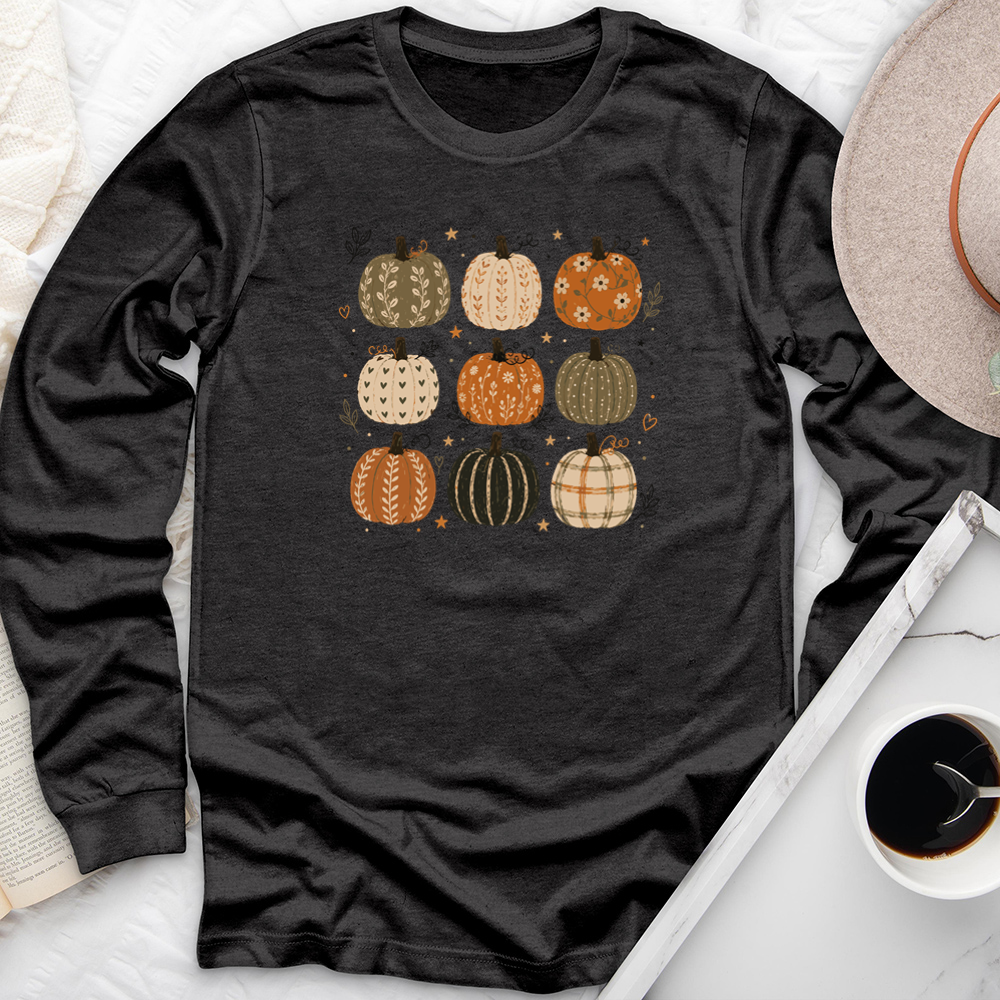 nine pattern pumpkins long sleeve unisex tee