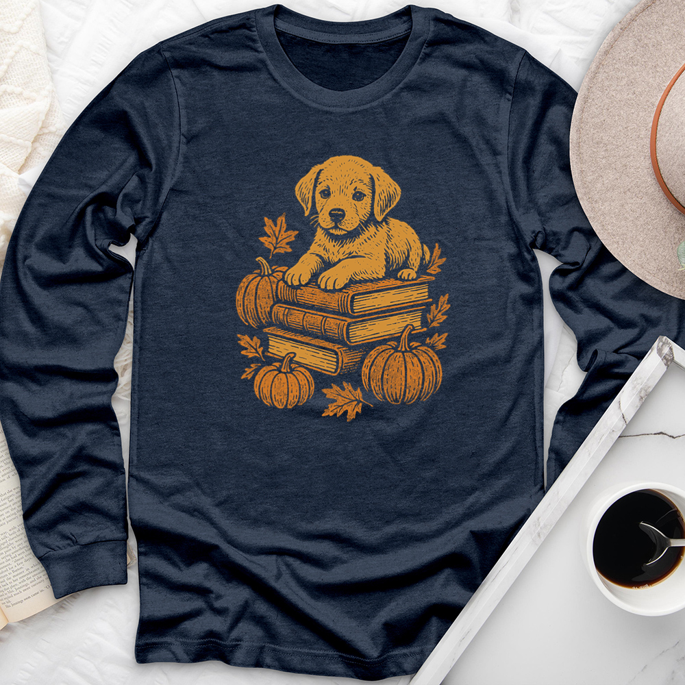 autumn puppy books long sleeve unisex tee