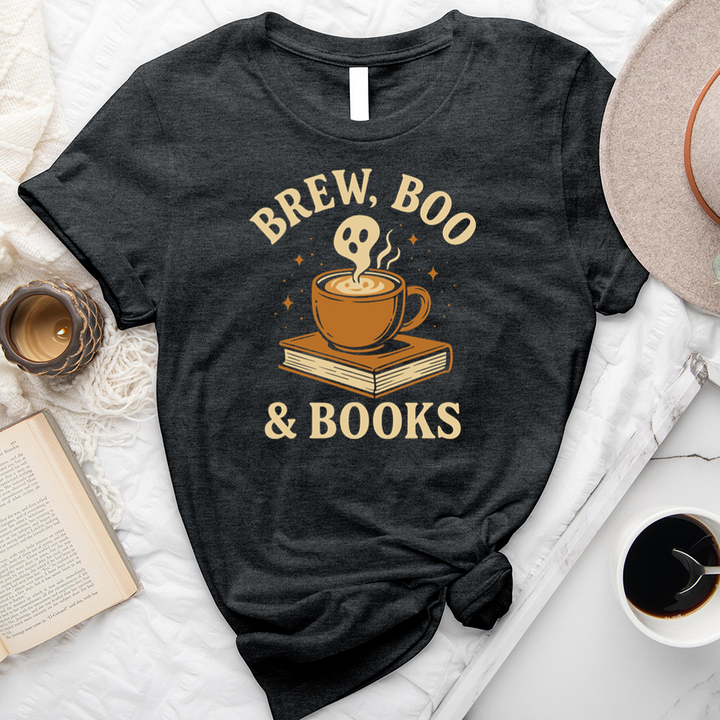 brew, boo and books unisex tee