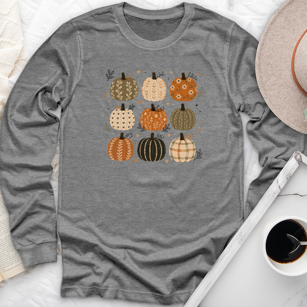 nine pattern pumpkins long sleeve unisex tee