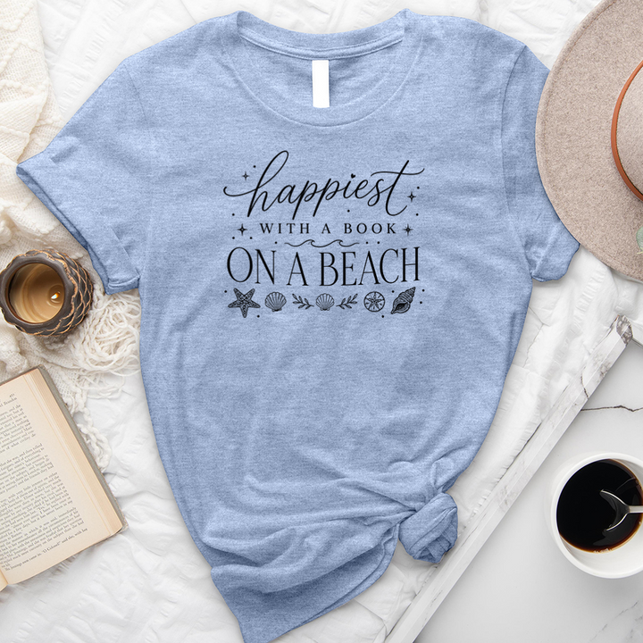 happiest with a book on a beach unisex tee