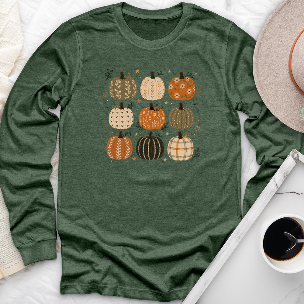 nine pattern pumpkins long sleeve unisex tee