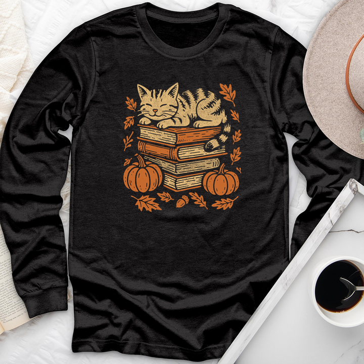 autumn cat books long sleeve unisex tee