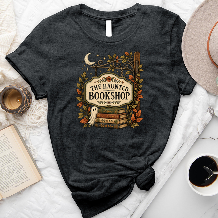 haunted bookshop sign unisex tee