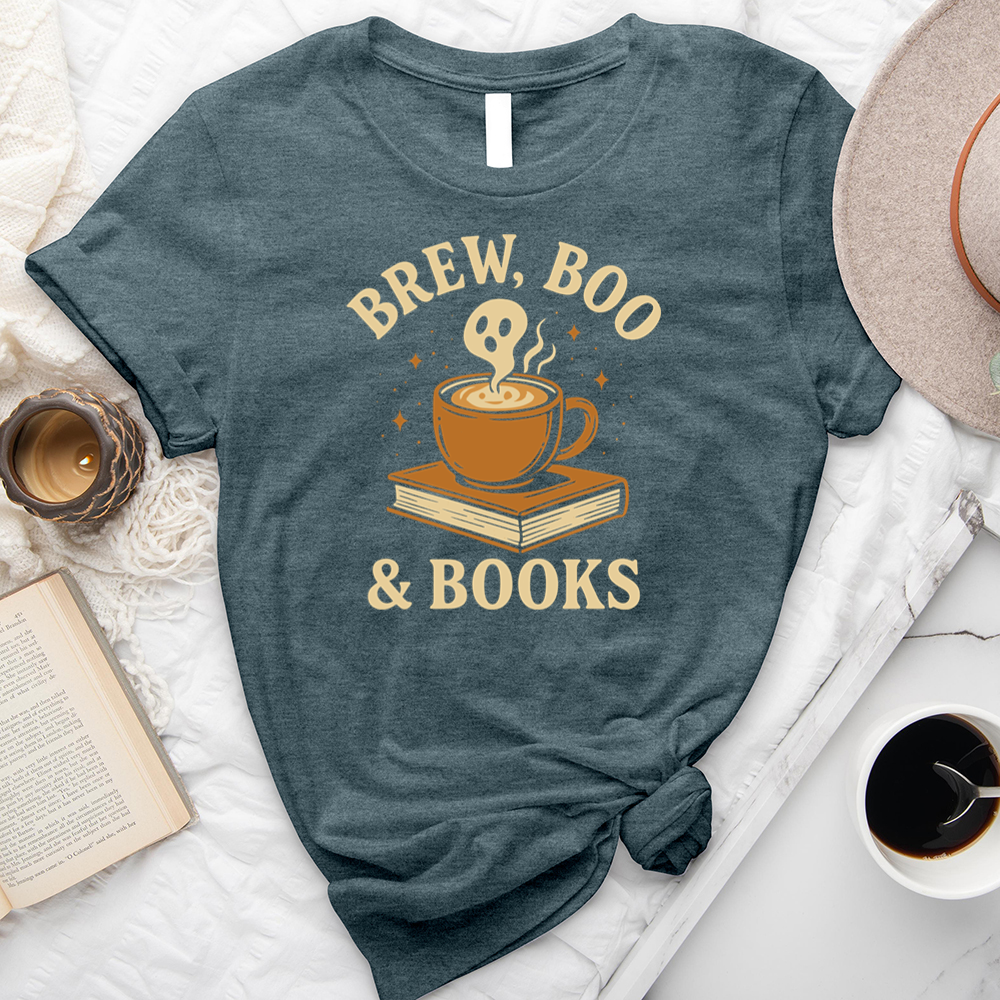 brew, boo and books unisex tee