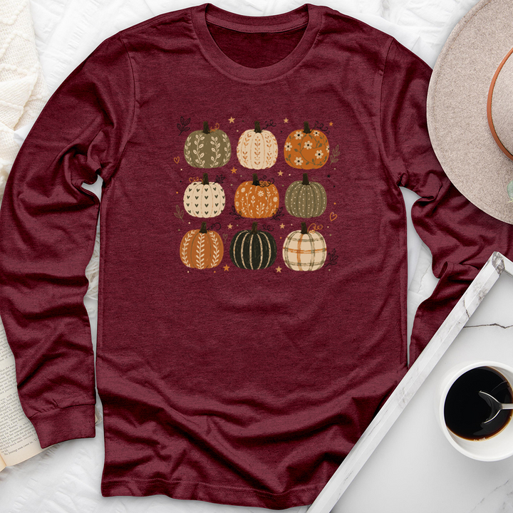 nine pattern pumpkins long sleeve unisex tee