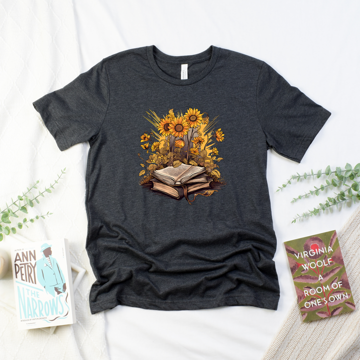 book with sunflowers unisex tee
