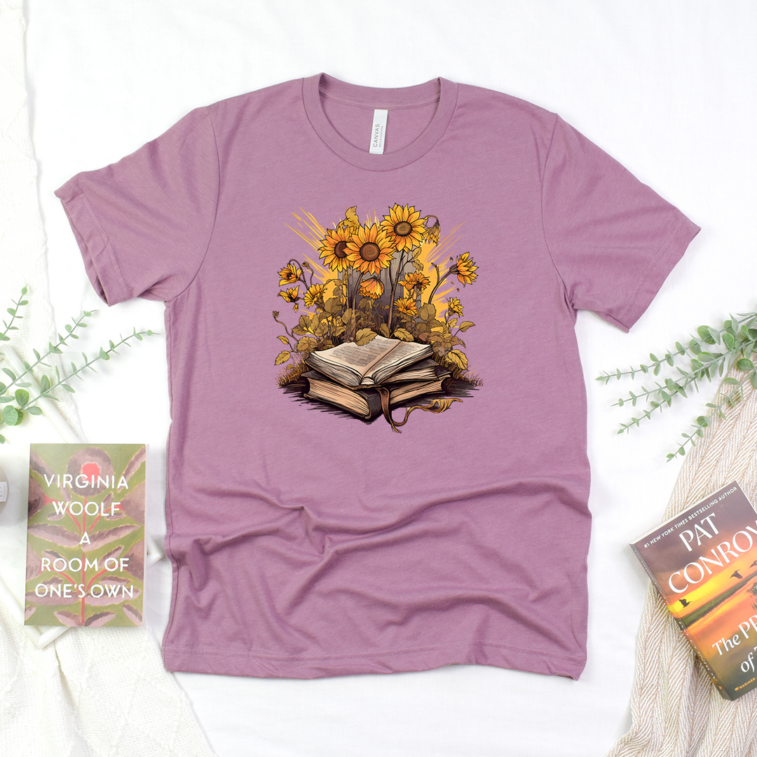 book with sunflowers unisex tee