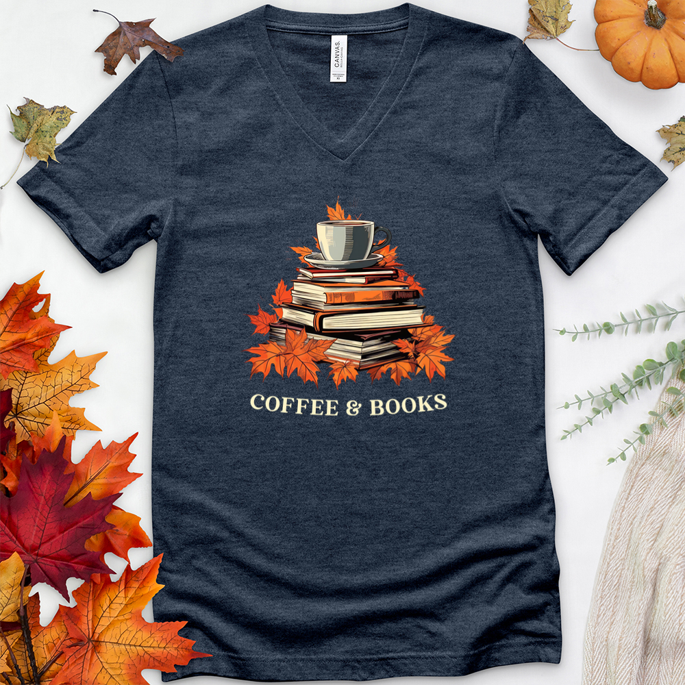 fall coffee and books v-neck tee