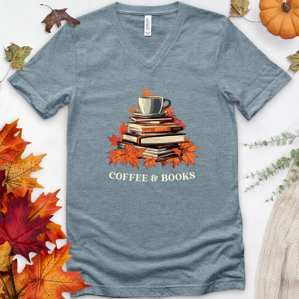 fall coffee and books v-neck tee