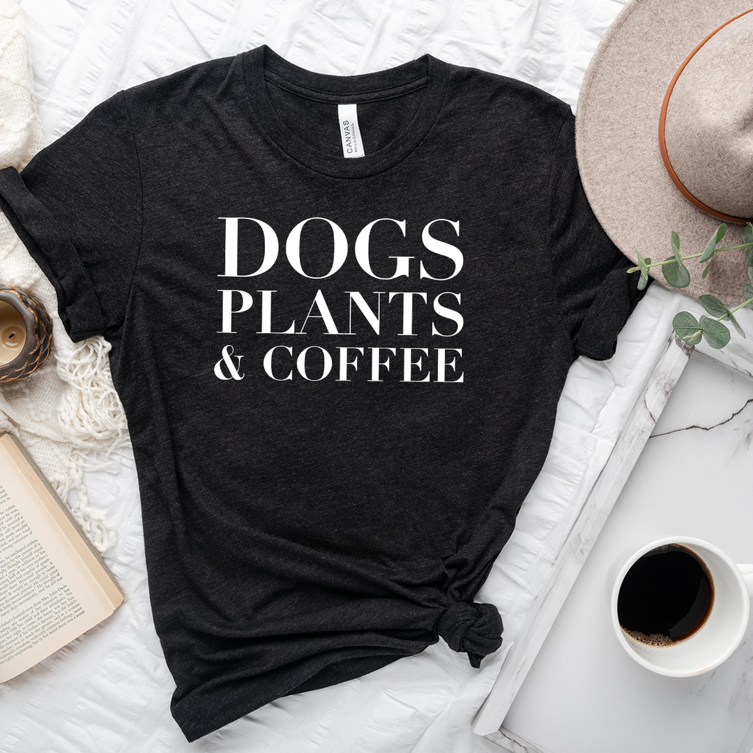 dogs plants & coffee unisex tee
