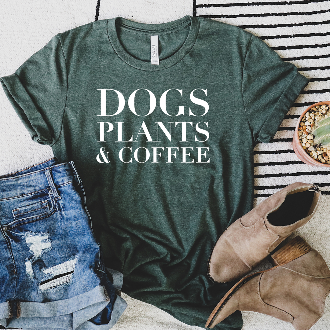dogs plants & coffee unisex tee